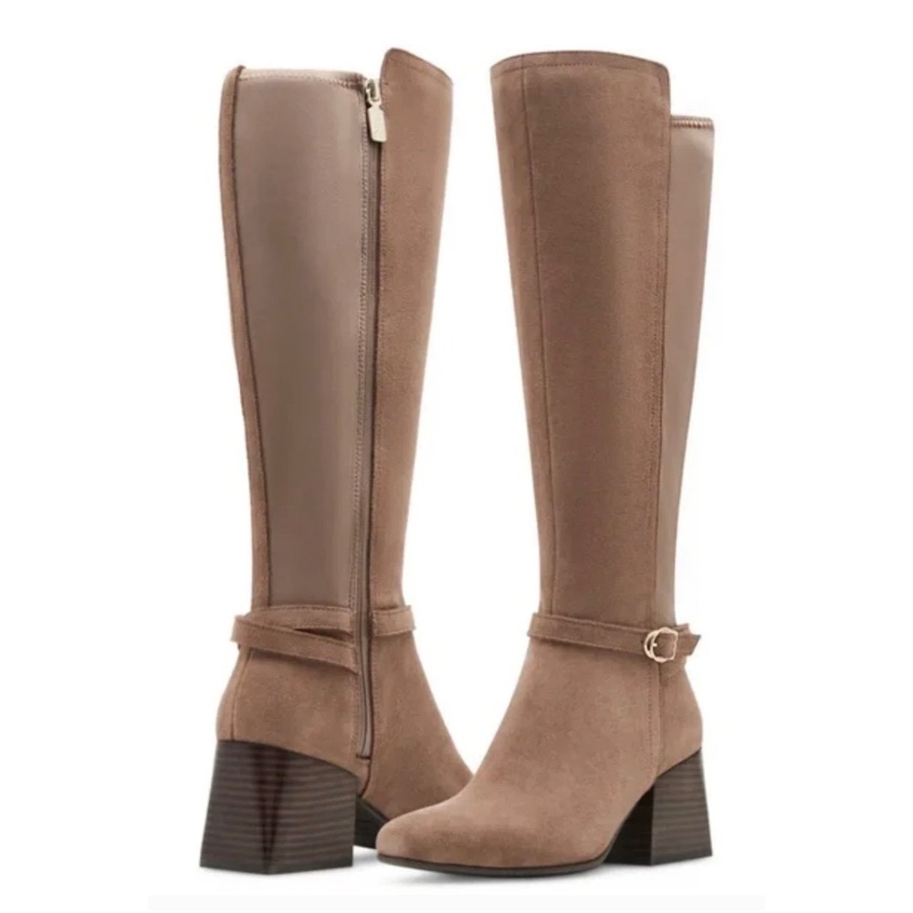 Twyla Waterproof Leather Suede Tall Boots Tan Square Toe Block Heel Size 7‎ NEW